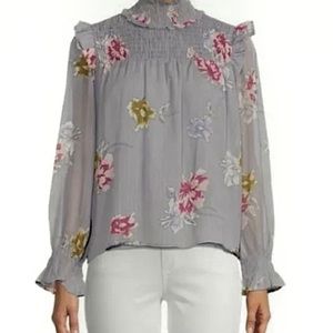 Walter Baker Smocked FLoral Peasant Blouse Long Sleeves Gray Size Medium